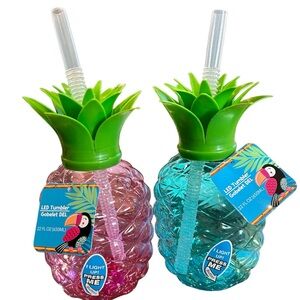NEW Pineapple Shaped 22oz LED Tumbler Drink Holder W Straw Party Blue & Pink - 2
